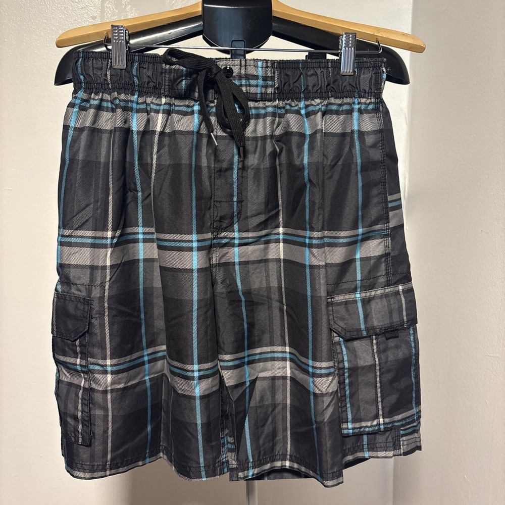 Men's‎ Kanu Surf Gray, Blue and Black plaid Swim Trunks